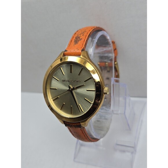Michael Kors MK2275 Slim Runway Gold Tone Orange Leather Watch New Battery Women main image 4